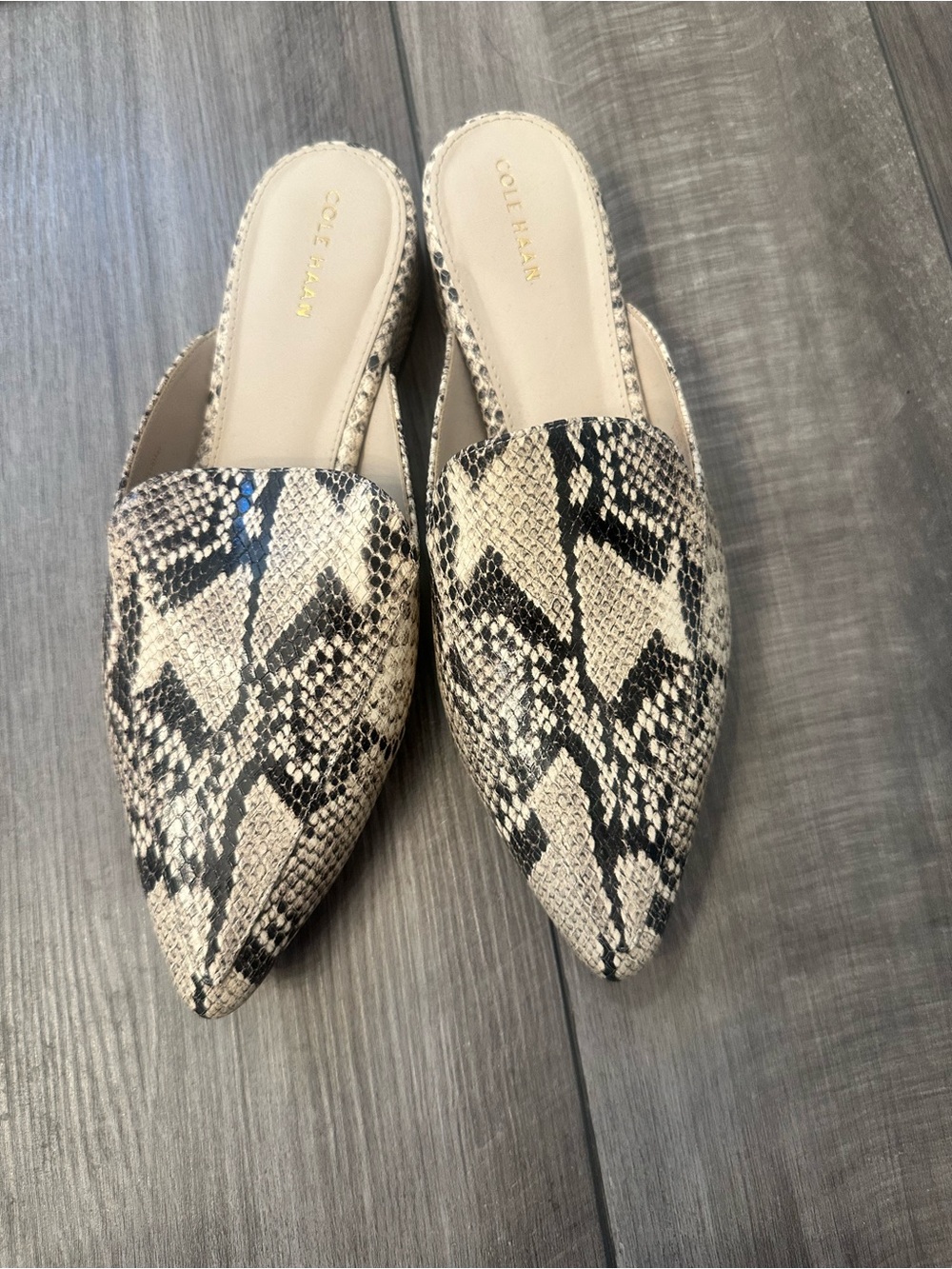Cole Haan Pointed Snake-Print Slip-On Mules in Beige and Black